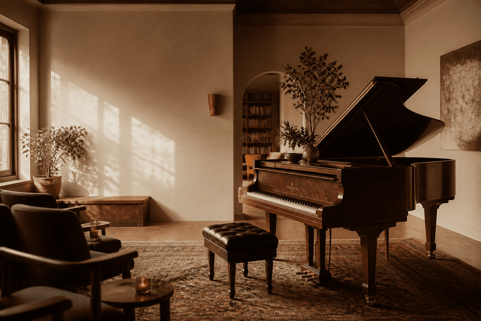 A warm, sunlit salon with a grand piano